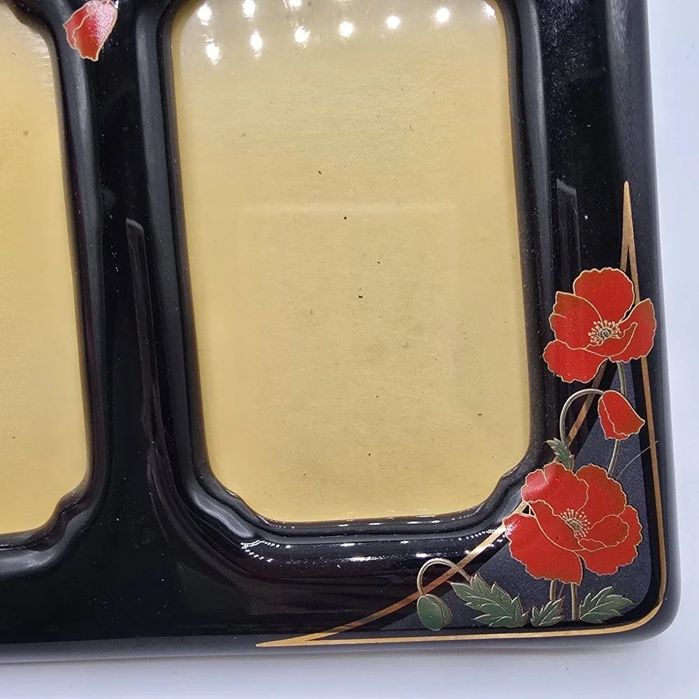 Vintage Double Photo Frame Black Ceramic Red Flowers Bird Japan Holds 4.5x3
